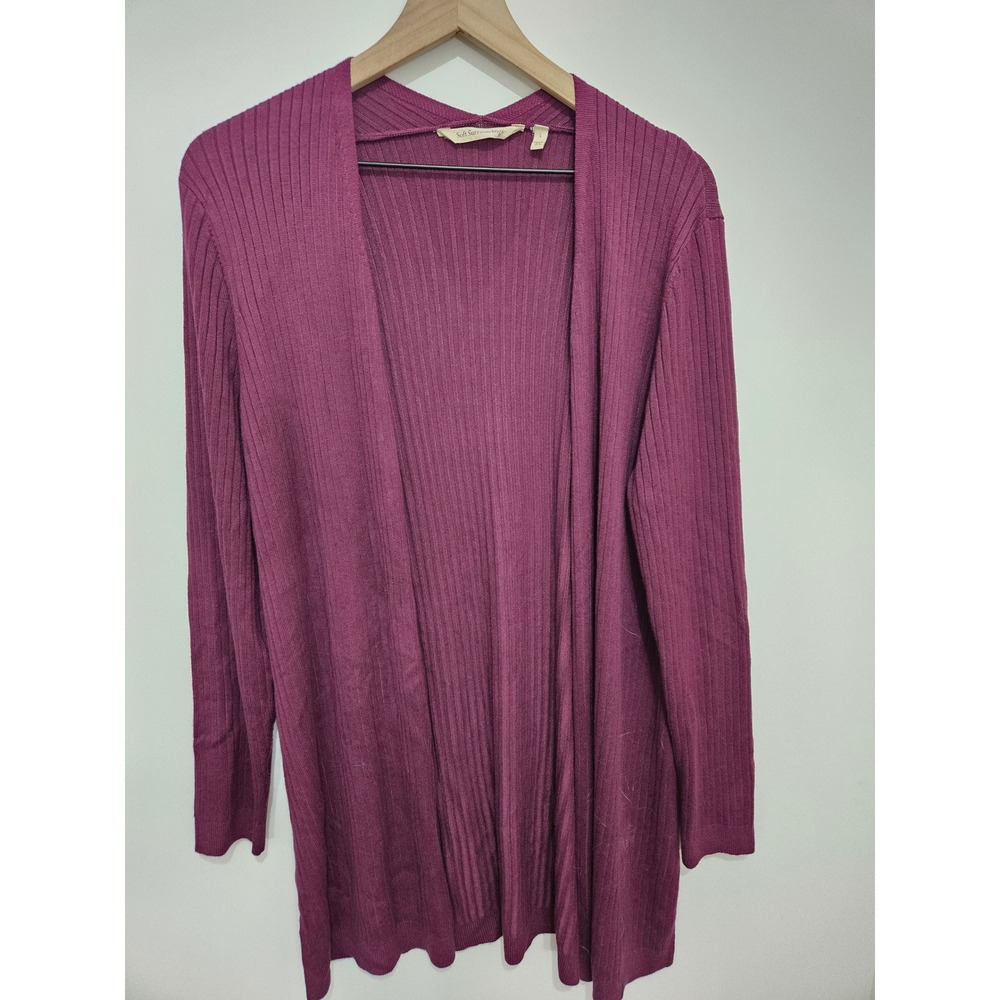 Soft Surroundings Plum Purple Ribbed Open Front‎ Cardigan Sweater Womens Large